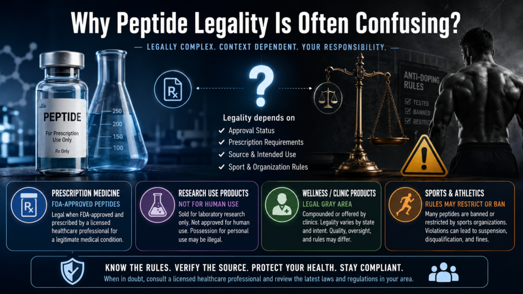 Peptide legality is confusing because the same word can refer to very different products. A prescription medicine is not the same as a research chemical. A cosmetic peptide is not the same as an injectable compound marketed for recovery. A regulated pharmacy product is not the same as an online product with unclear sourcing.